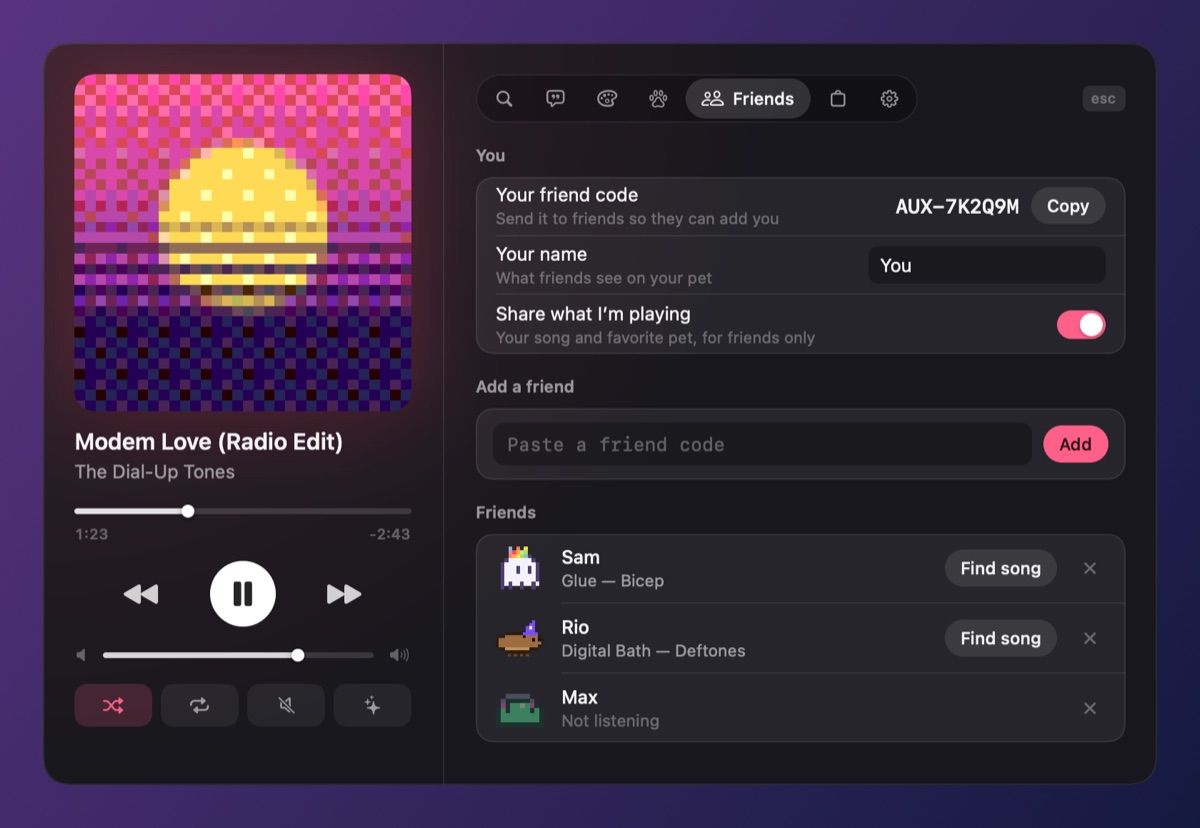 The aux Hub's Friends tab: your friend code, and a list of friends with the song each one is playing and a Find song button